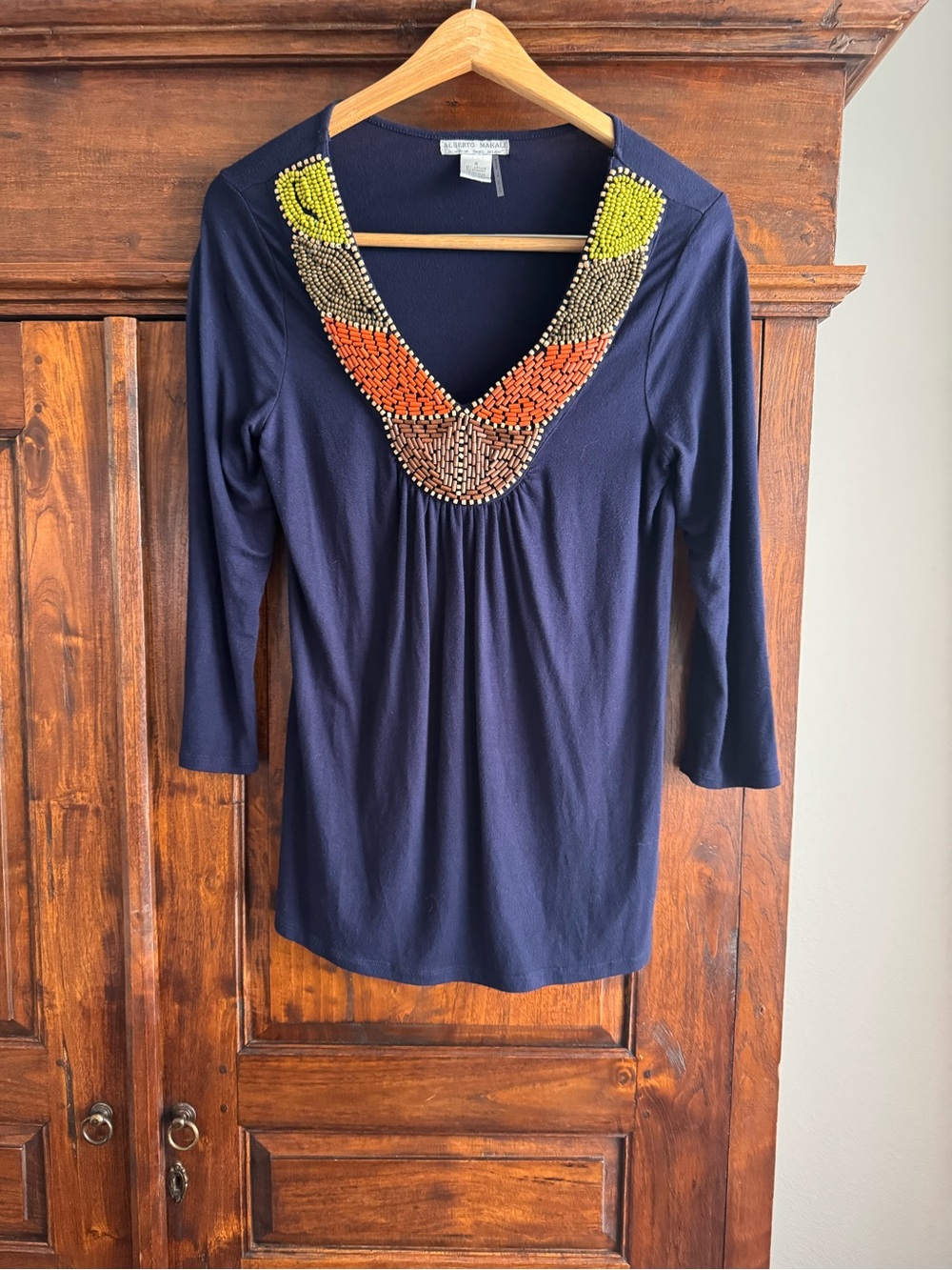Alberto Makali navy blue 3/4 sleeve top colorful beaded V-neck collar